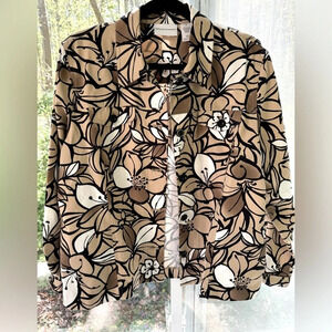 Alfred Dunner 12 EUC Lightweight shirt jacket Brown floral w/sequins on petals